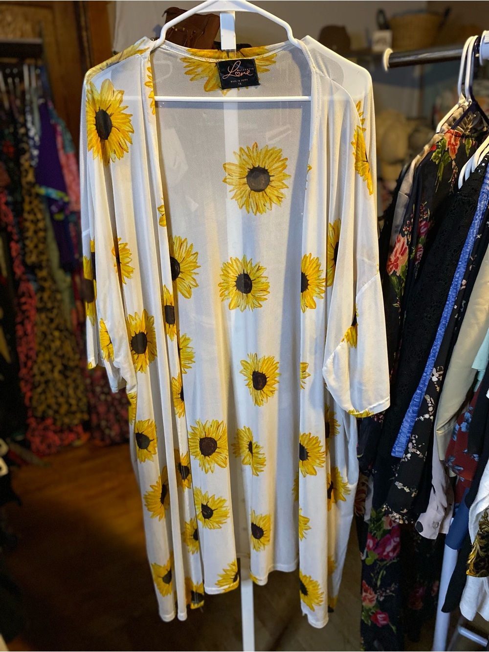Love White Sunflower open front midi Kimono Top